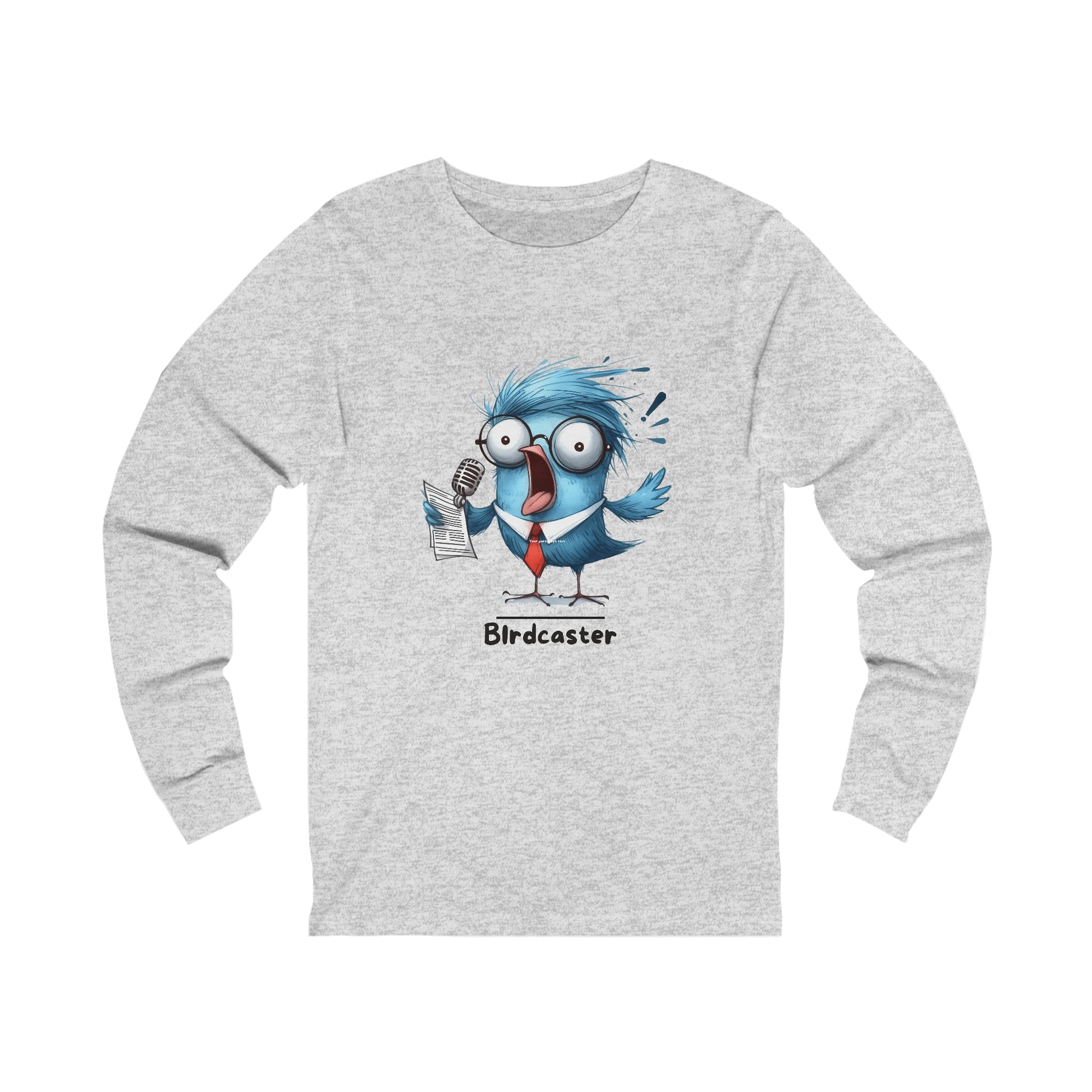 Printify gray long-sleeve funny bird shirt featuring a cartoon bird wearing glasses and tie holding a microphone