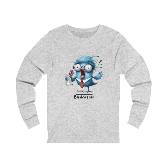 Printify gray long-sleeve funny bird shirt featuring a cartoon bird wearing glasses and tie holding a microphone