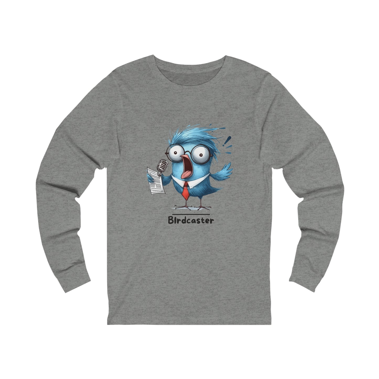 Printify long sleeve funny bird shirt gray with blue cartoon bird holding microphone and paper