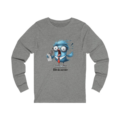 Printify long sleeve funny bird shirt gray with blue cartoon bird holding microphone and paper