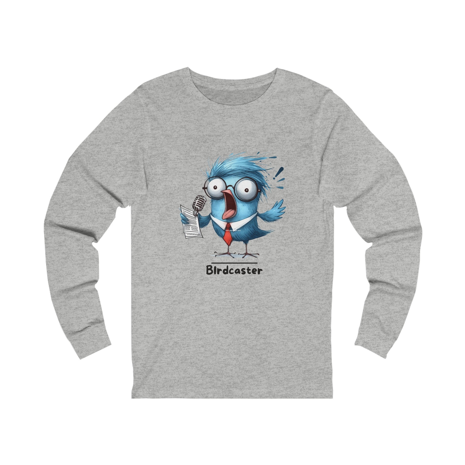 Printify long-sleeve funny bird shirt with a cartoon blue bird wearing glasses and holding a microphone