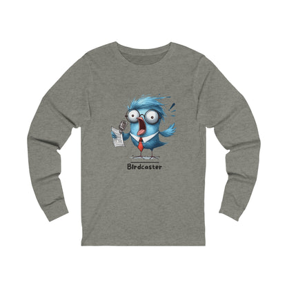 Gray long-sleeve funny bird shirt with cartoon bird wearing glasses and holding a microphone