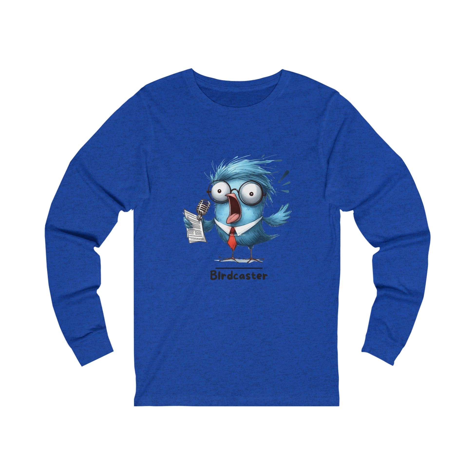 Printify long-sleeve funny bird shirt with cartoon bird wearing glasses and holding a microphone