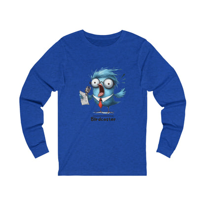 Printify long-sleeve funny bird shirt with cartoon bird wearing glasses and holding a microphone