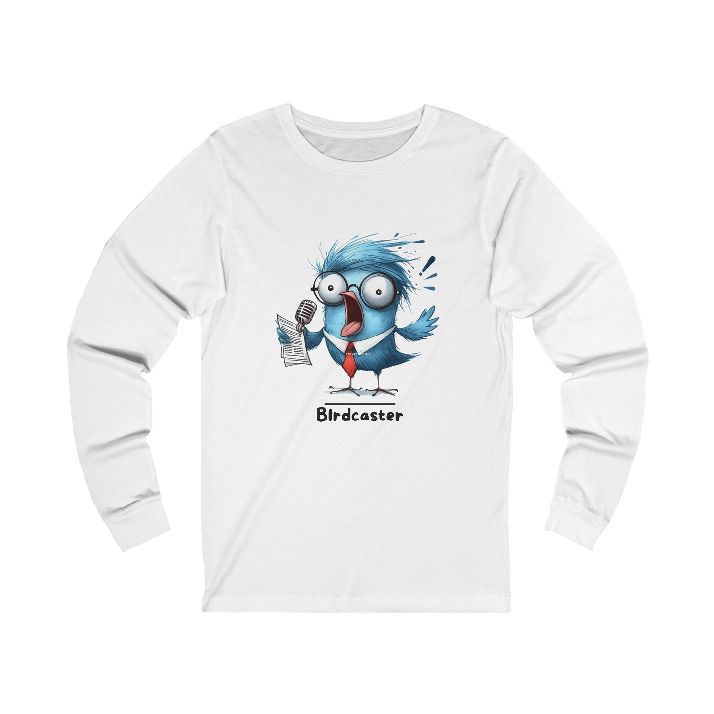 Printify long-sleeve white funny bird shirt with a cartoon blue bird holding a microphone and paper