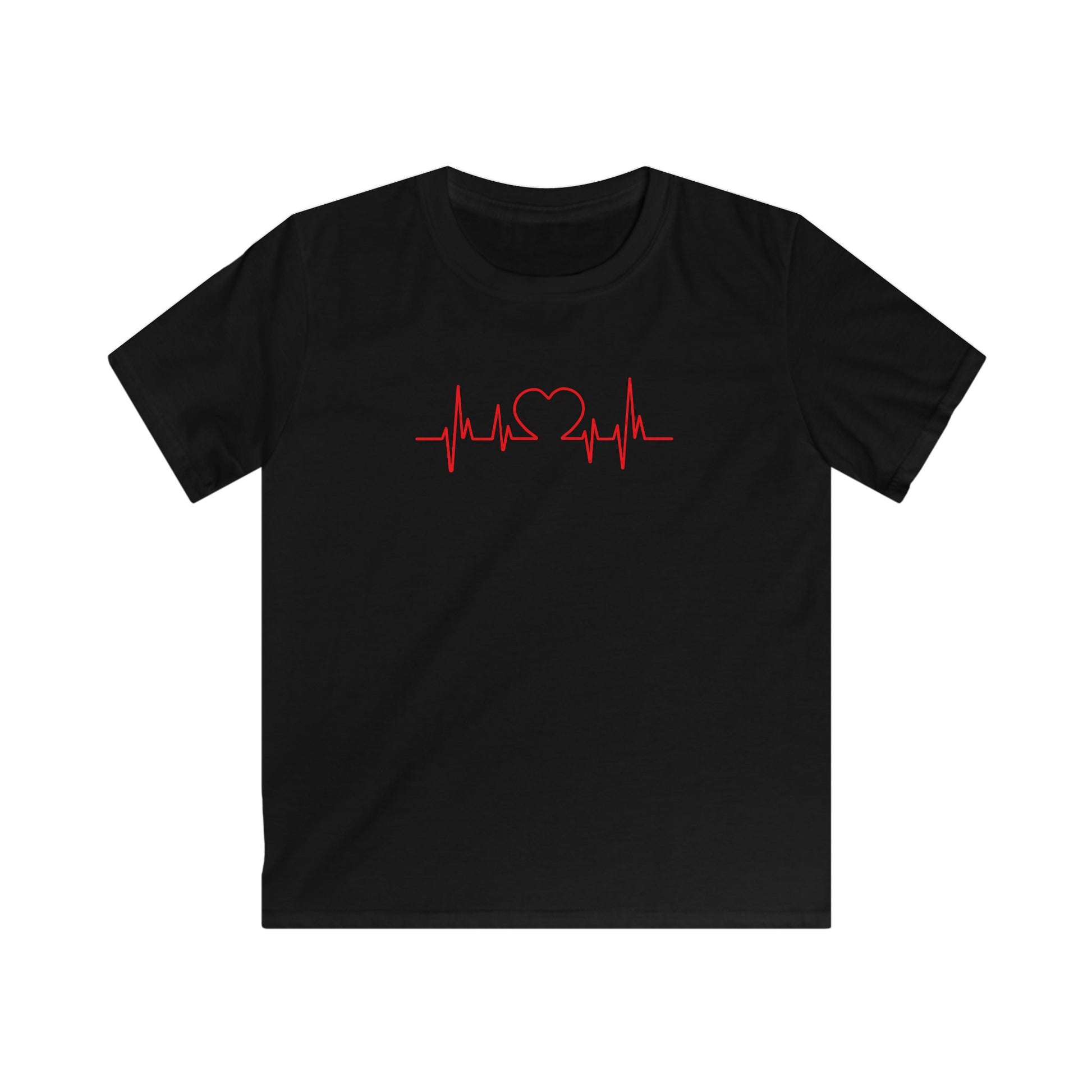 Black kids t-shirt with red heart beat kids tee design featuring a heartbeat and heart graphic