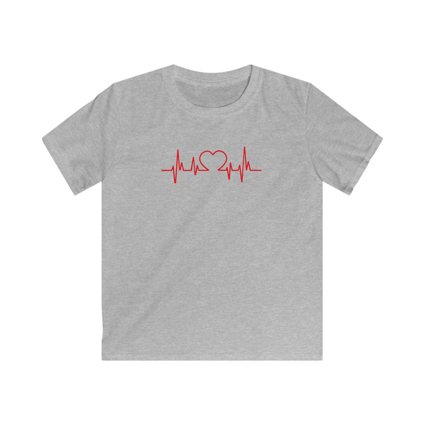 Gray kids t-shirt with red heart beat kids tee design in the center by Printify