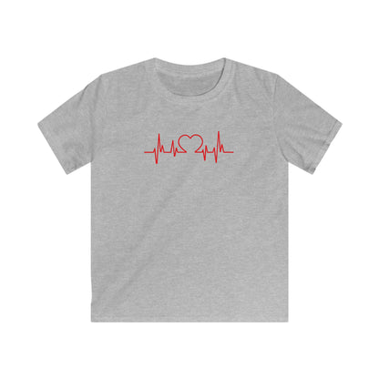 Gray kids t-shirt with red heart beat kids tee design in the center by Printify