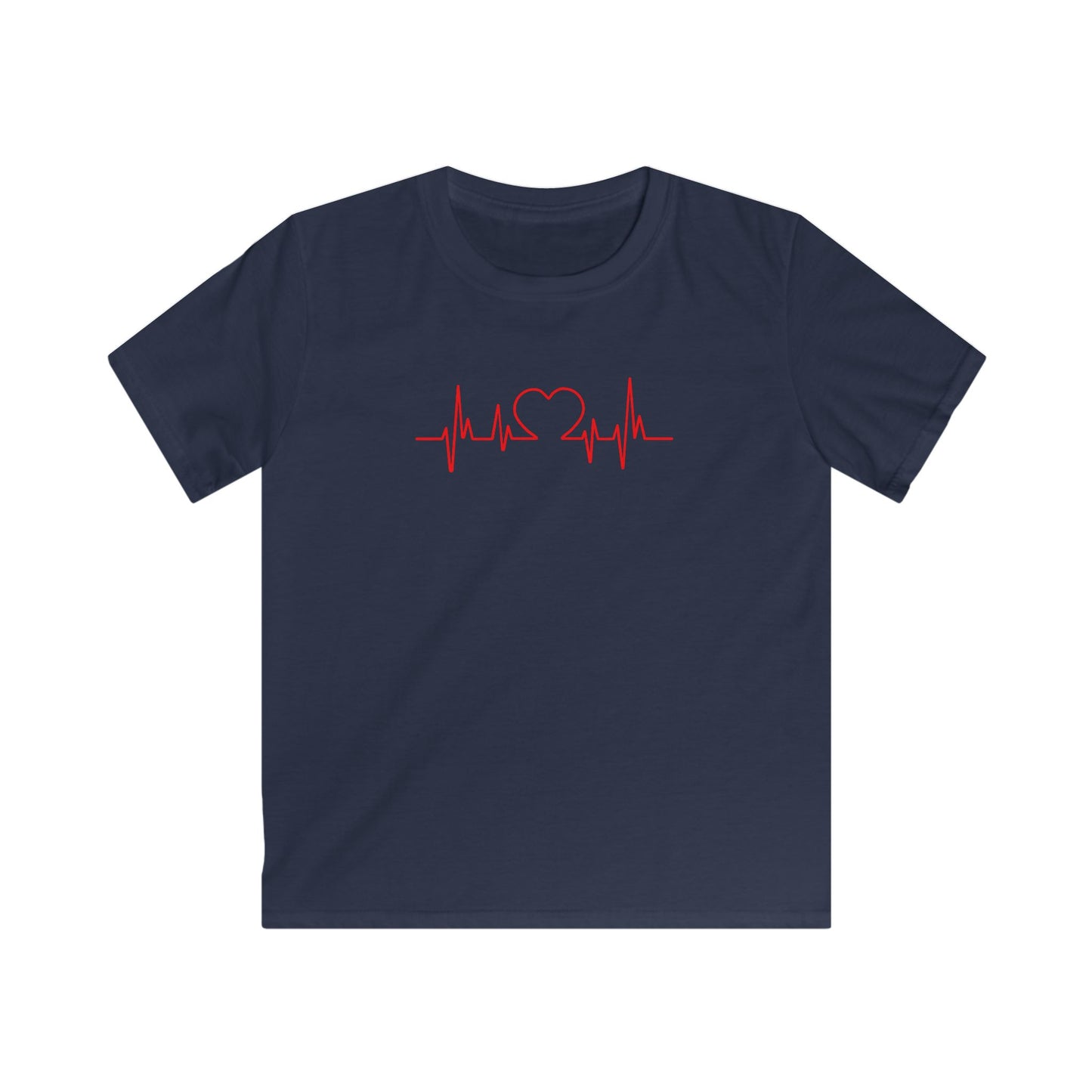 Navy blue kids t-shirt with red heart beat kids tee graphic print on front from Printify