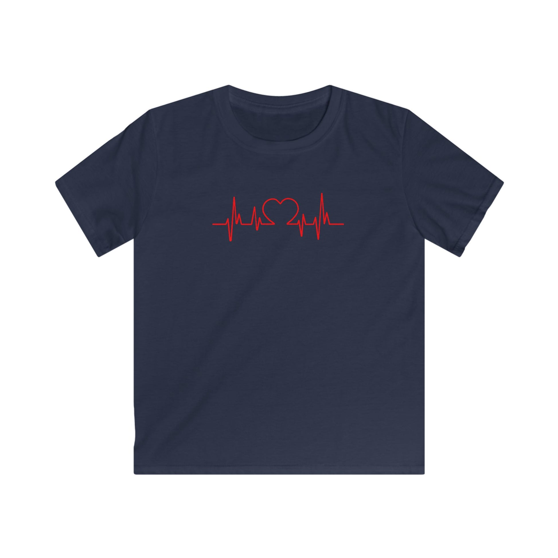 Navy blue kids t-shirt with red heart beat kids tee graphic print on front from Printify