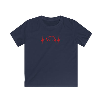 Navy blue kids t-shirt with red heart beat kids tee graphic print on front from Printify