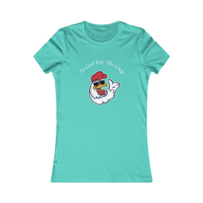 Printify turquoise too cool for the coop shirt with cartoon cool chicken graphic on front