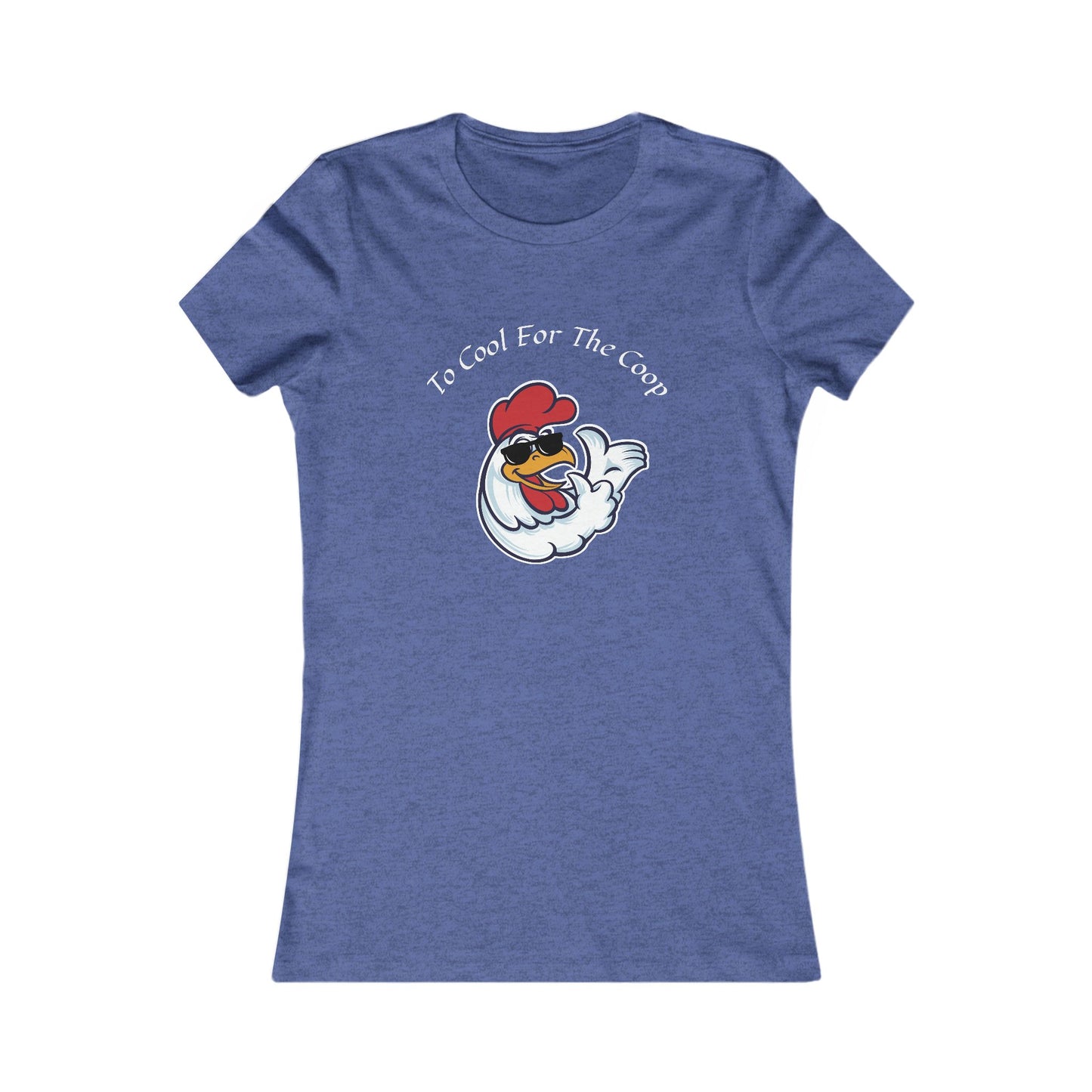 Blue Printify t-shirt with a cartoon cool chicken and text too cool for the coop shirt
