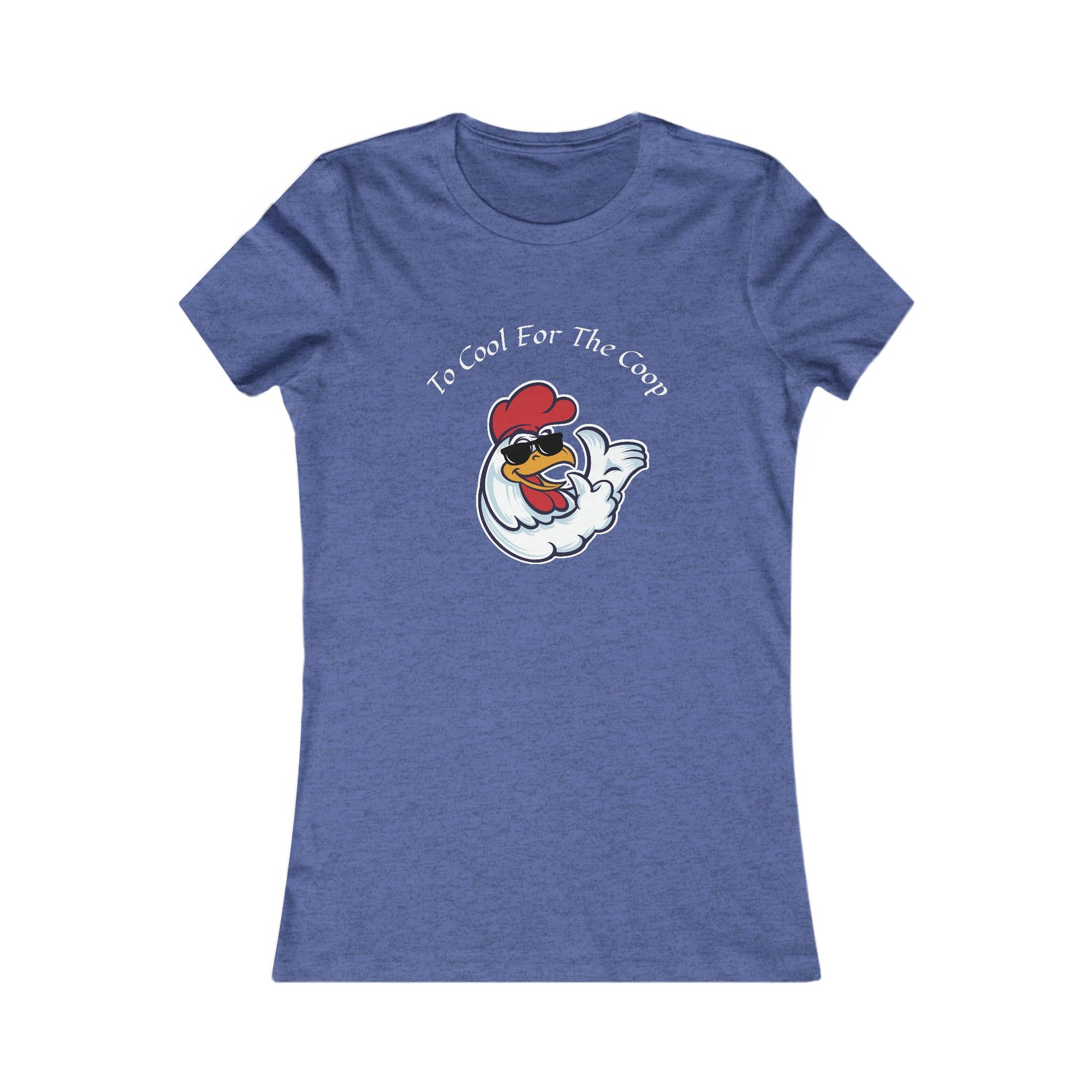 Blue Printify t-shirt with a cartoon cool chicken and text too cool for the coop shirt