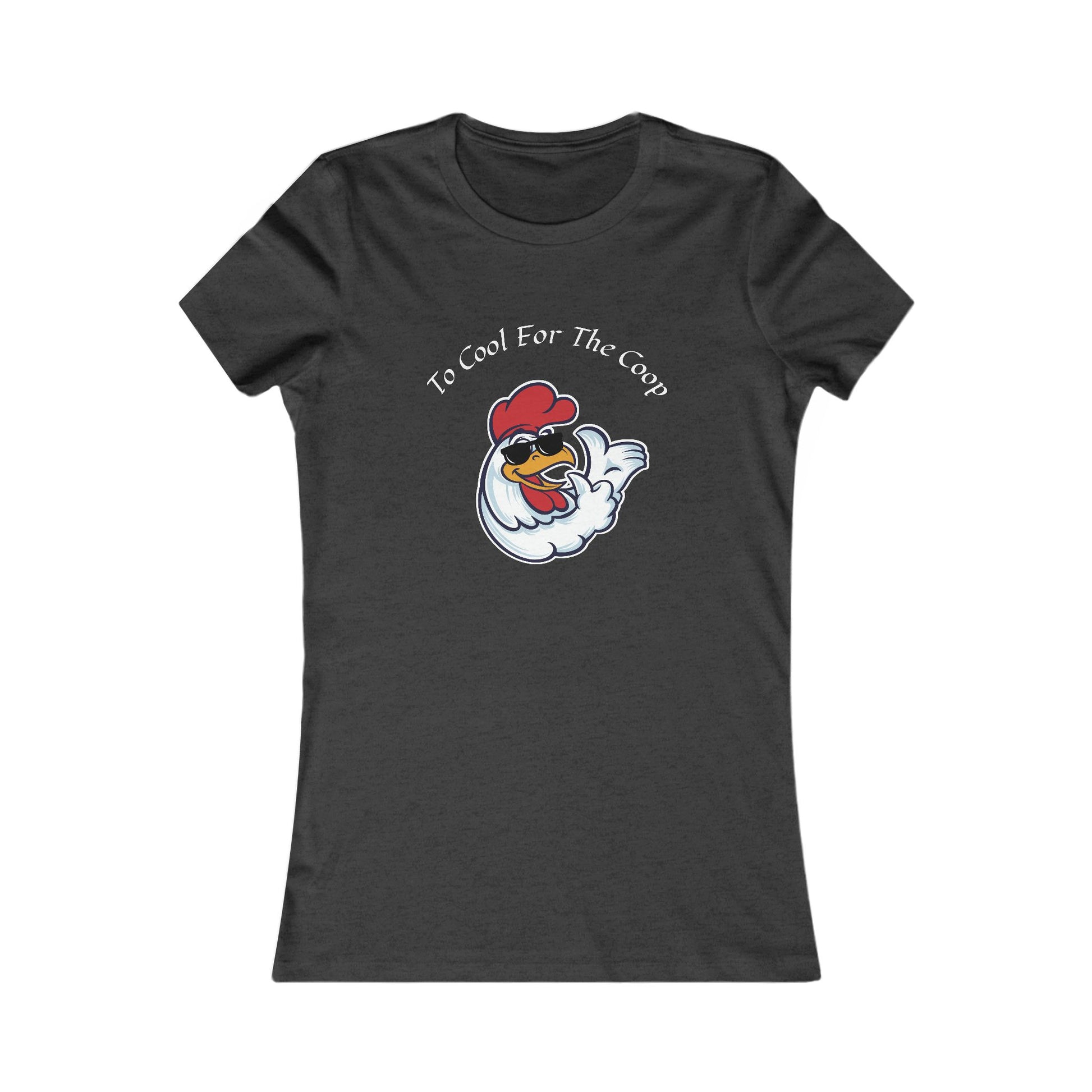 Printify black t-shirt with cartoon chicken and text too cool for the coop shirt design