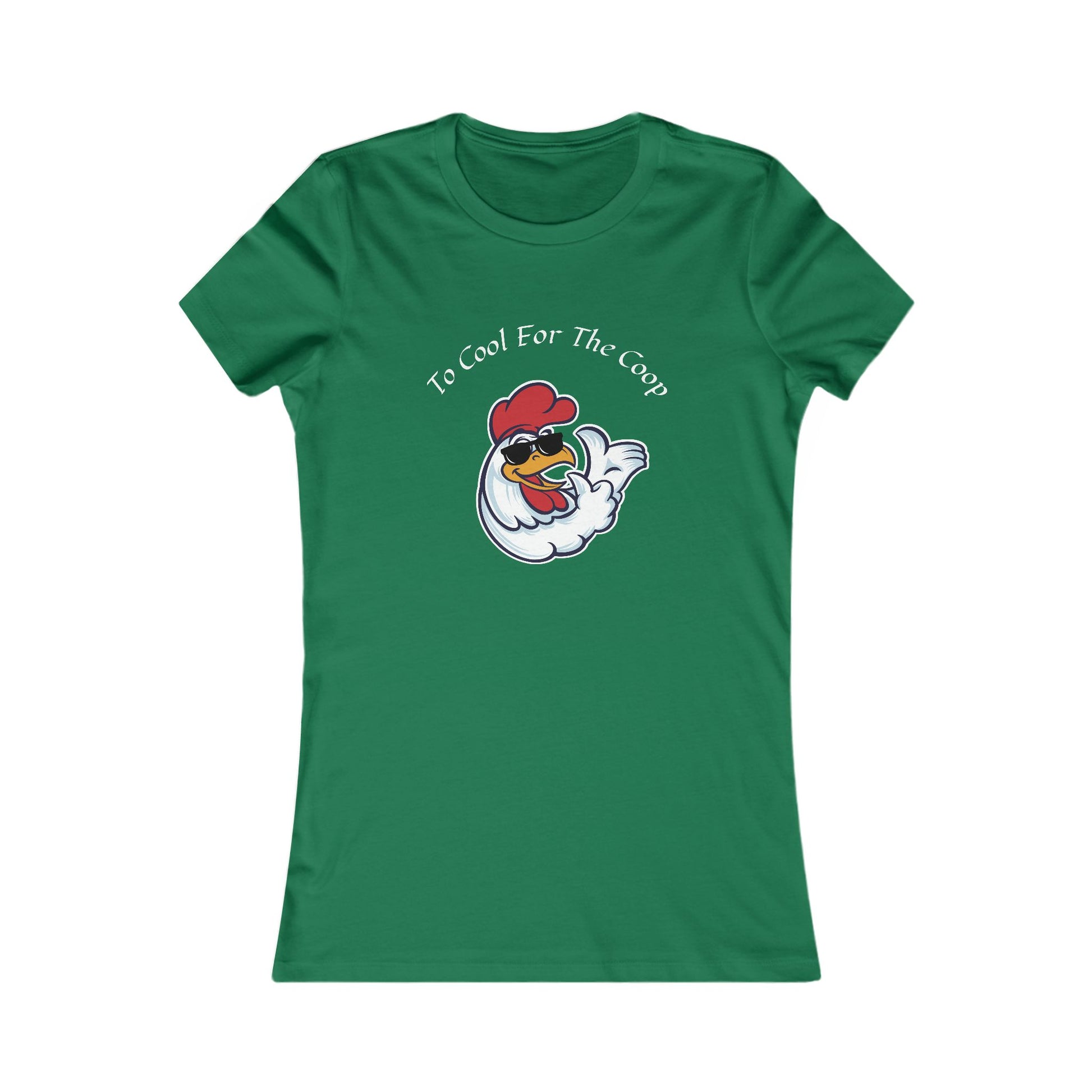 Green Printify T-shirt with cartoon chicken and text too cool for the coop shirt design