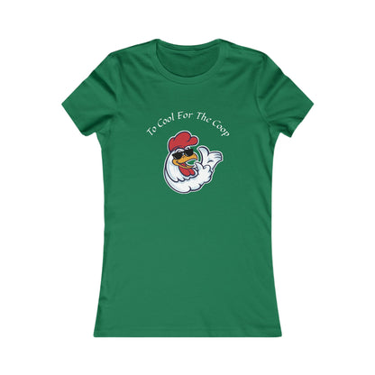 Green Printify T-shirt with cartoon chicken and text too cool for the coop shirt design