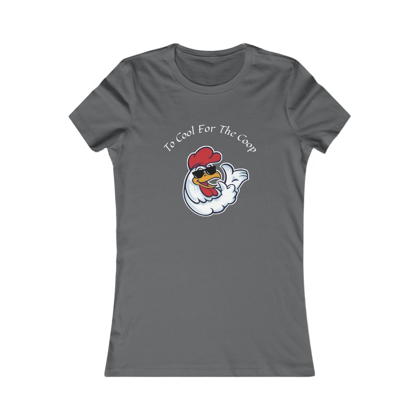 Gray Printify t-shirt with cartoon chicken and text too cool for the coop shirt graphic