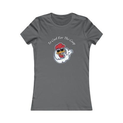 Gray Printify t-shirt with cartoon chicken and text too cool for the coop shirt graphic
