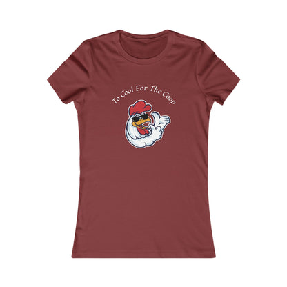 Maroon Printify T-shirt with cartoon chicken graphic and text too cool for the coop shirt