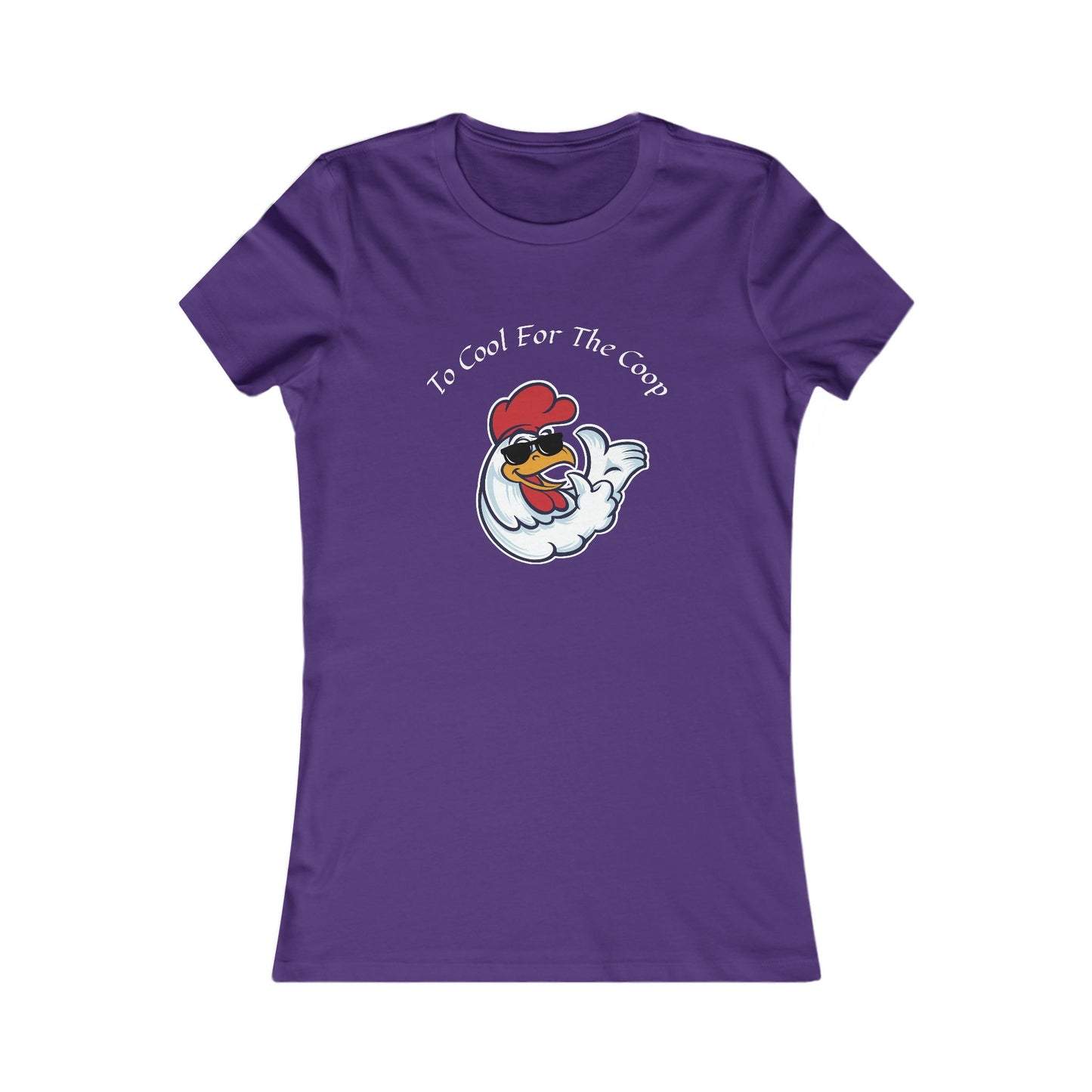 Purple too cool for the coop shirt with a cartoon chicken graphic and text design