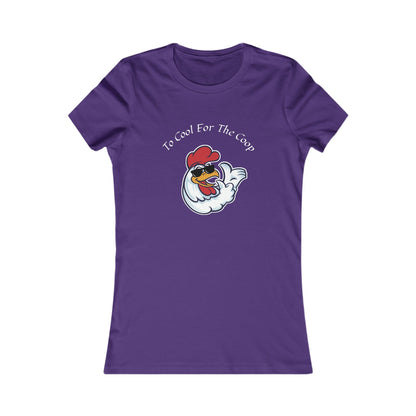 Purple too cool for the coop shirt with a cartoon chicken graphic and text design