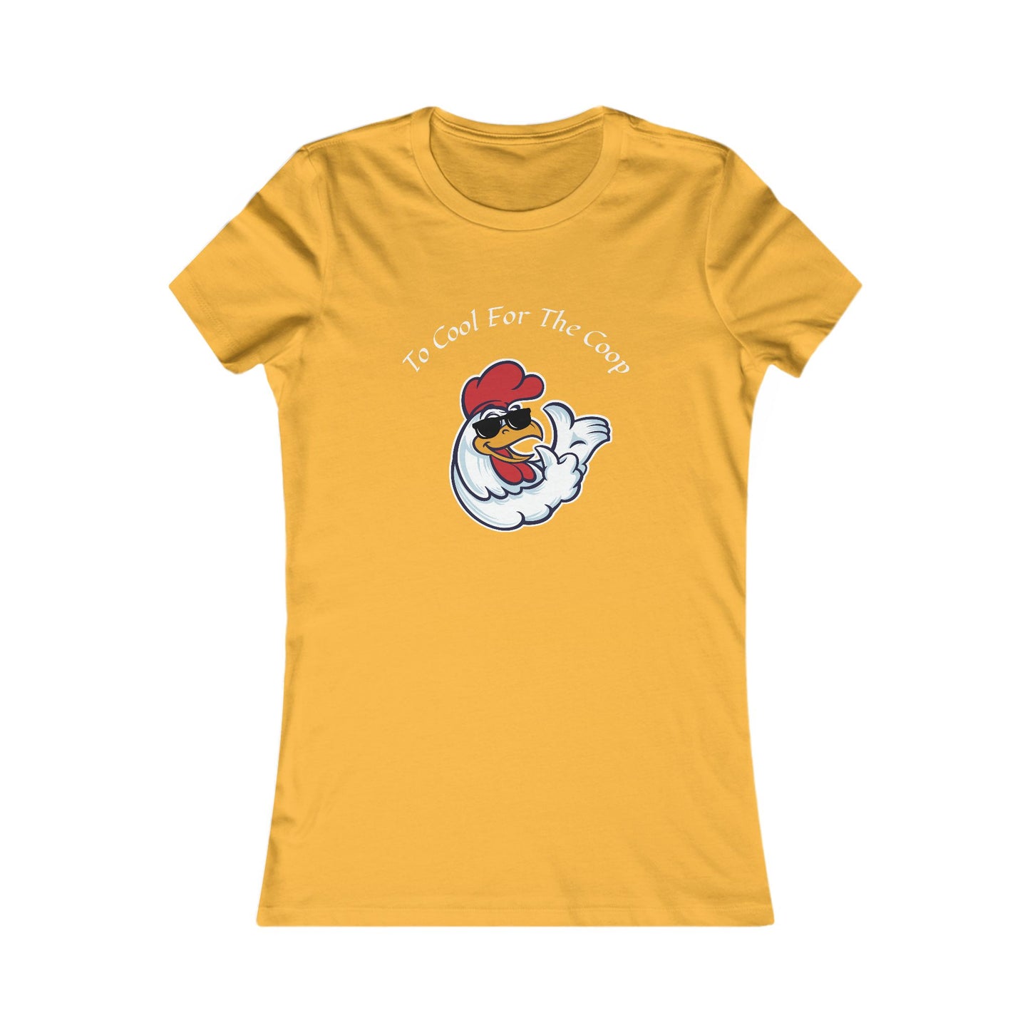 Yellow Printify T-shirt with cartoon chicken and text too cool for the coop shirt design