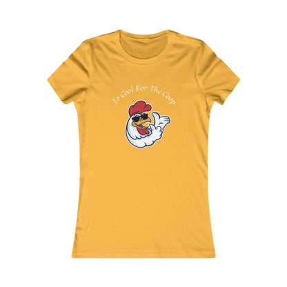 Yellow Printify T-shirt with cartoon chicken and text too cool for the coop shirt design