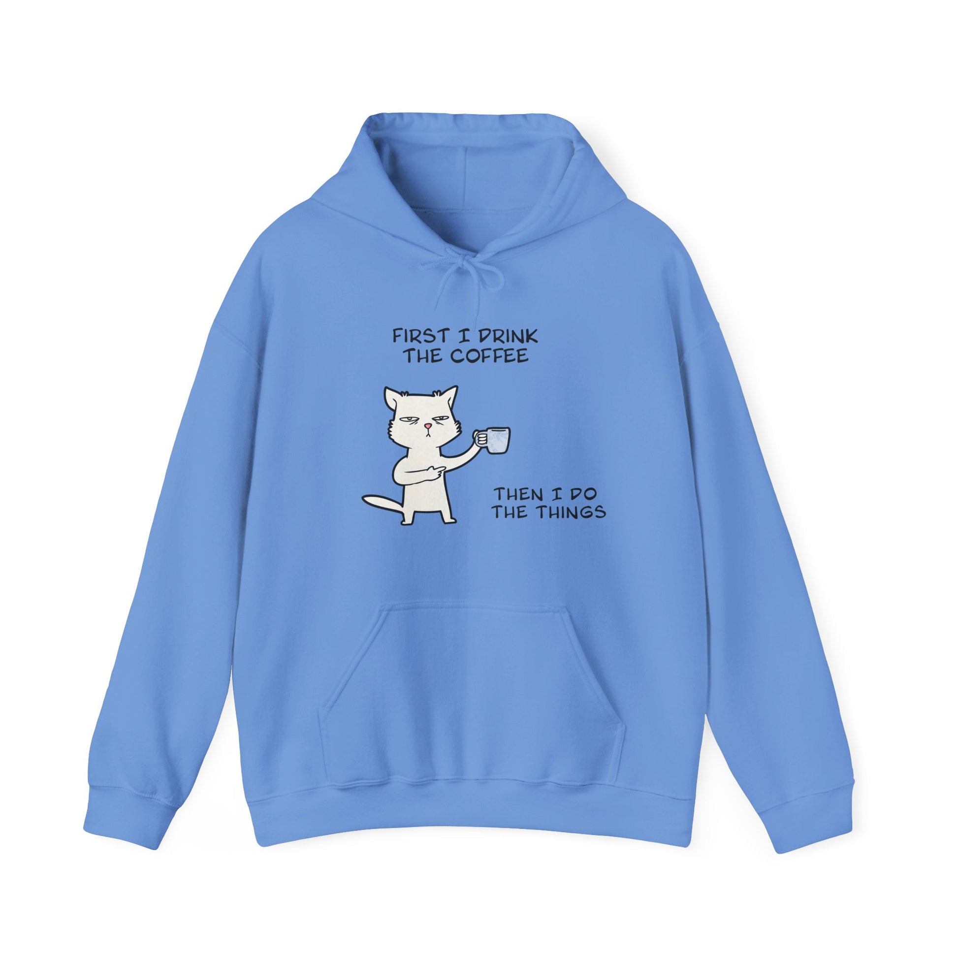 Light blue but first coffee hoodie with cartoon cat holding coffee cup and text print