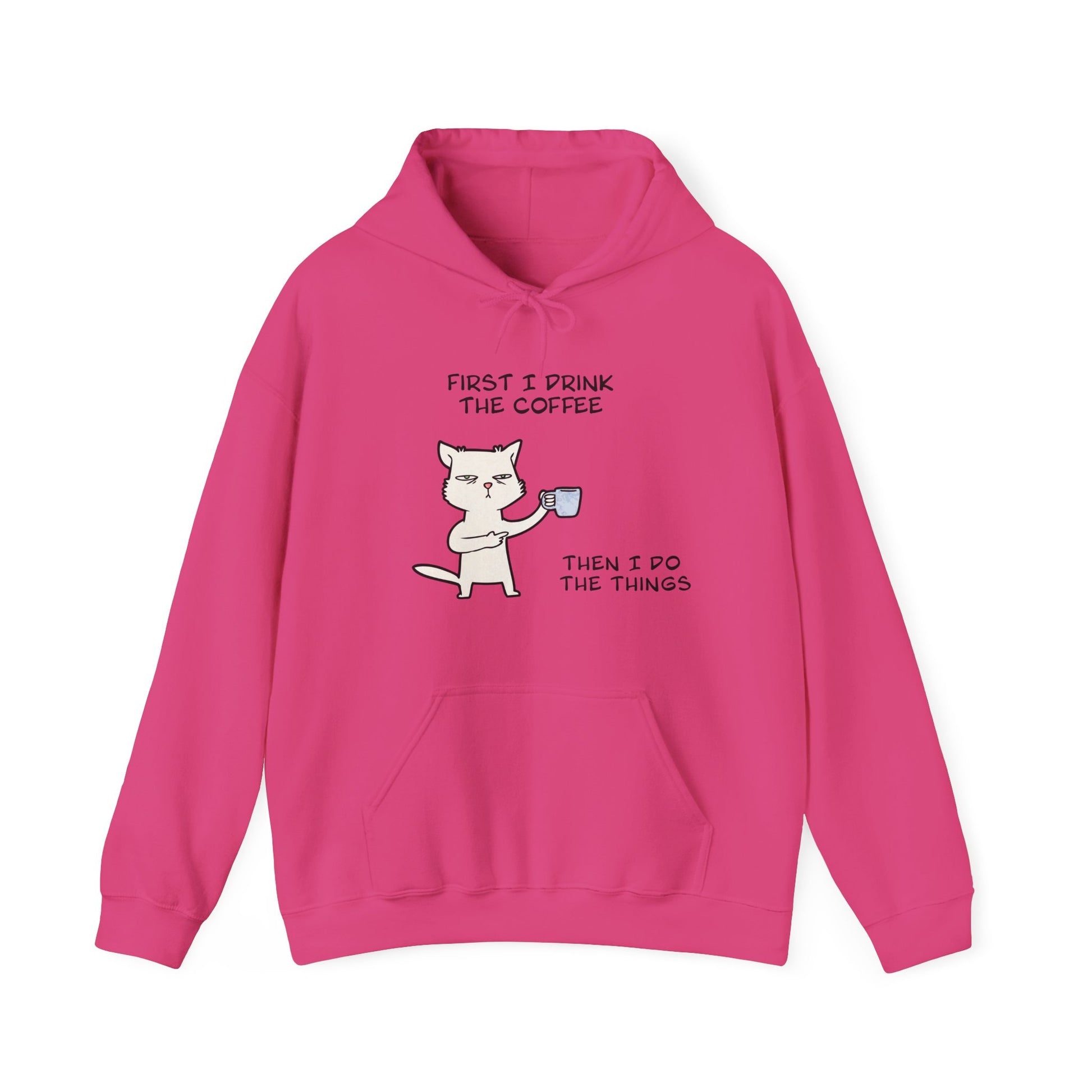 Pink but first coffee hoodie by Printify featuring cat holding coffee cup and humorous text