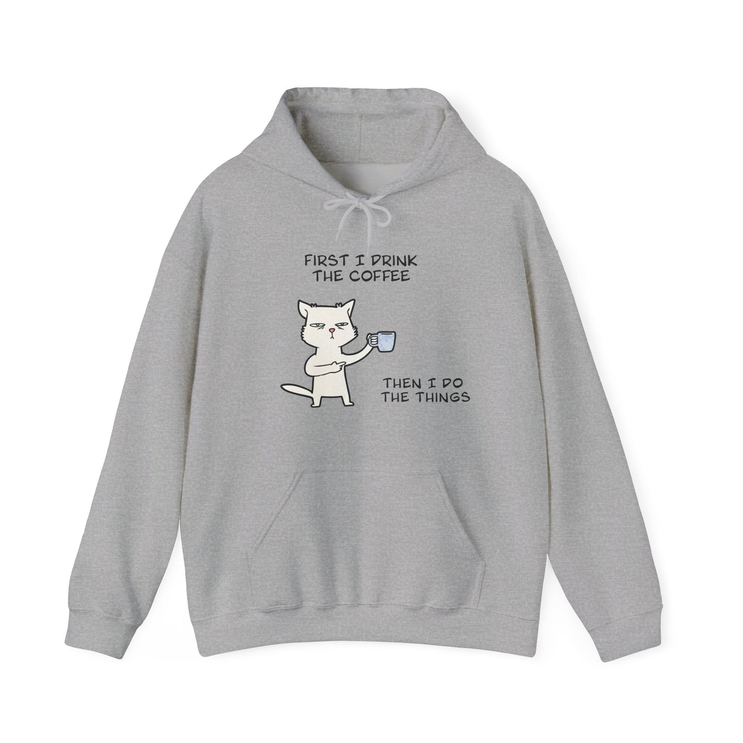 Light gray but first coffee hoodie with cat holding coffee cup and humorous text design