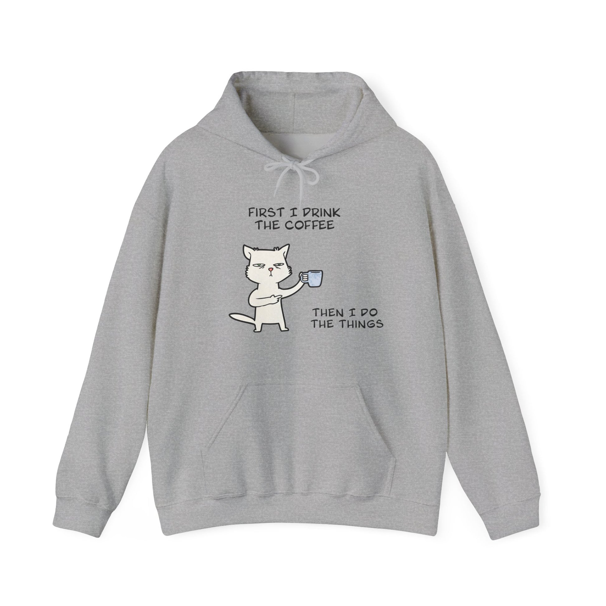 Light gray but first coffee hoodie with cat holding coffee cup and humorous text design