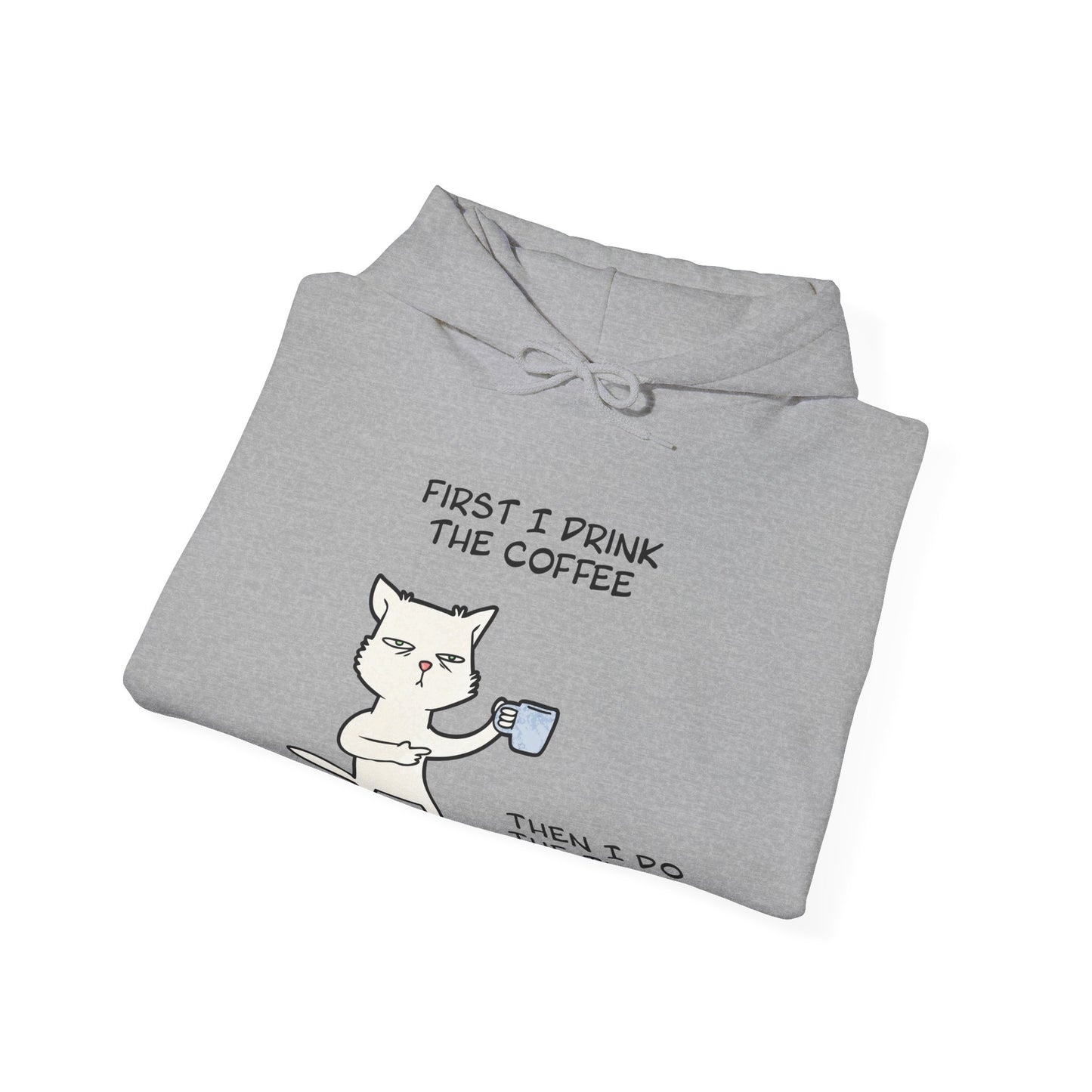 Gray but first coffee hoodie with cartoon cat holding a coffee cup and coffee-themed text
