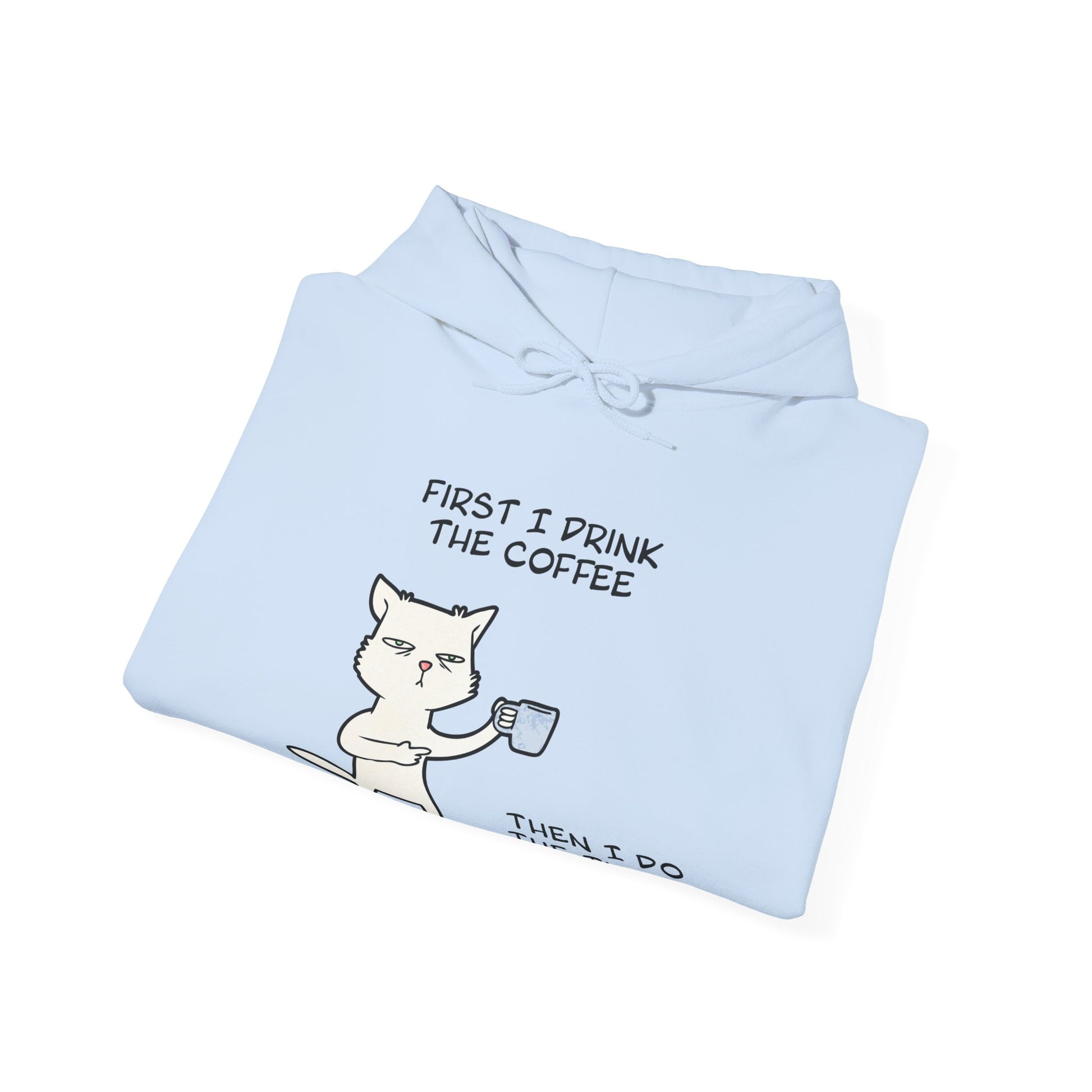 Light blue but first coffee hoodie with a cartoon cat holding a coffee cup and text design