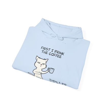 Light blue but first coffee hoodie with a cartoon cat holding a coffee cup and text design