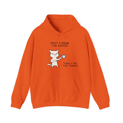 Orange but first coffee hoodie with a cat holding a coffee cup and humorous text