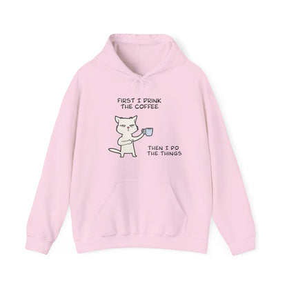 Pink but first coffee hoodie with cat graphic and motivational coffee quote from Printify