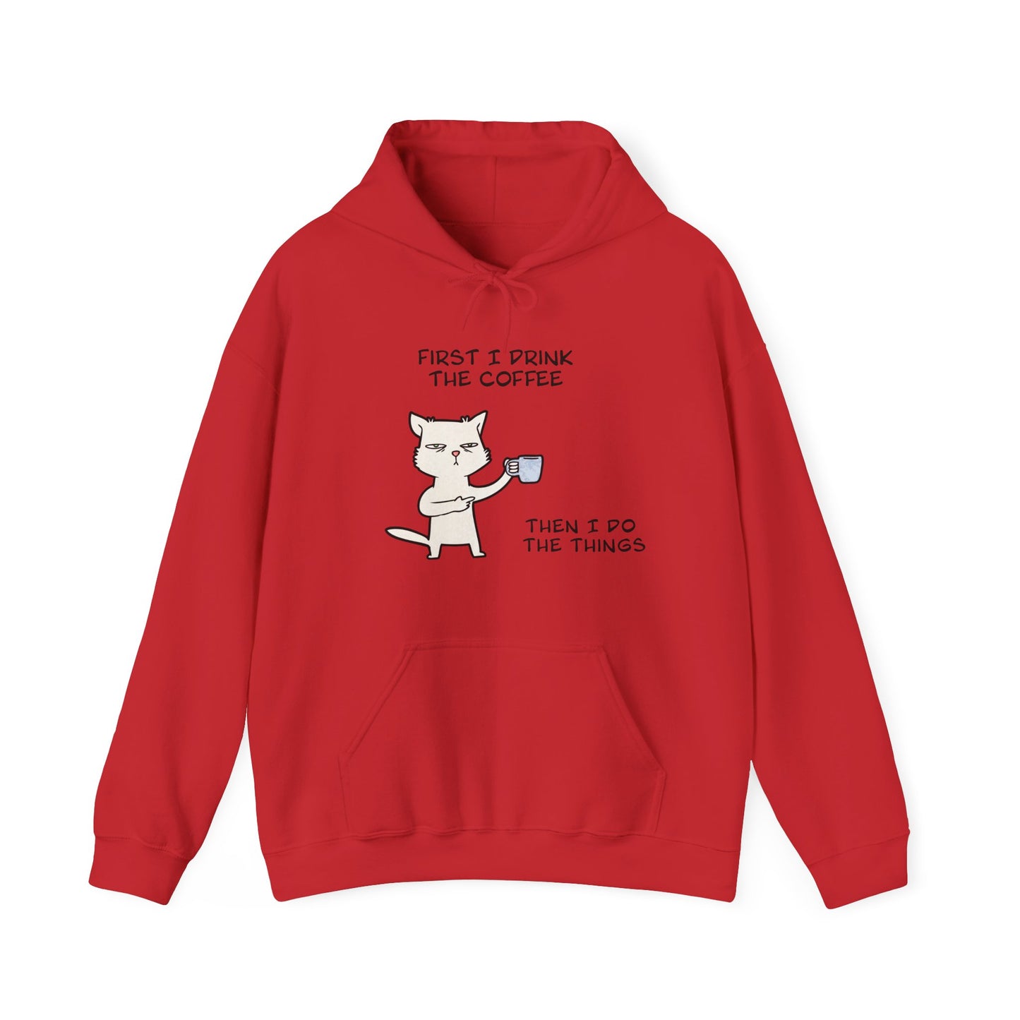 Red but first coffee hoodie with cartoon cat holding coffee mug and humorous text print