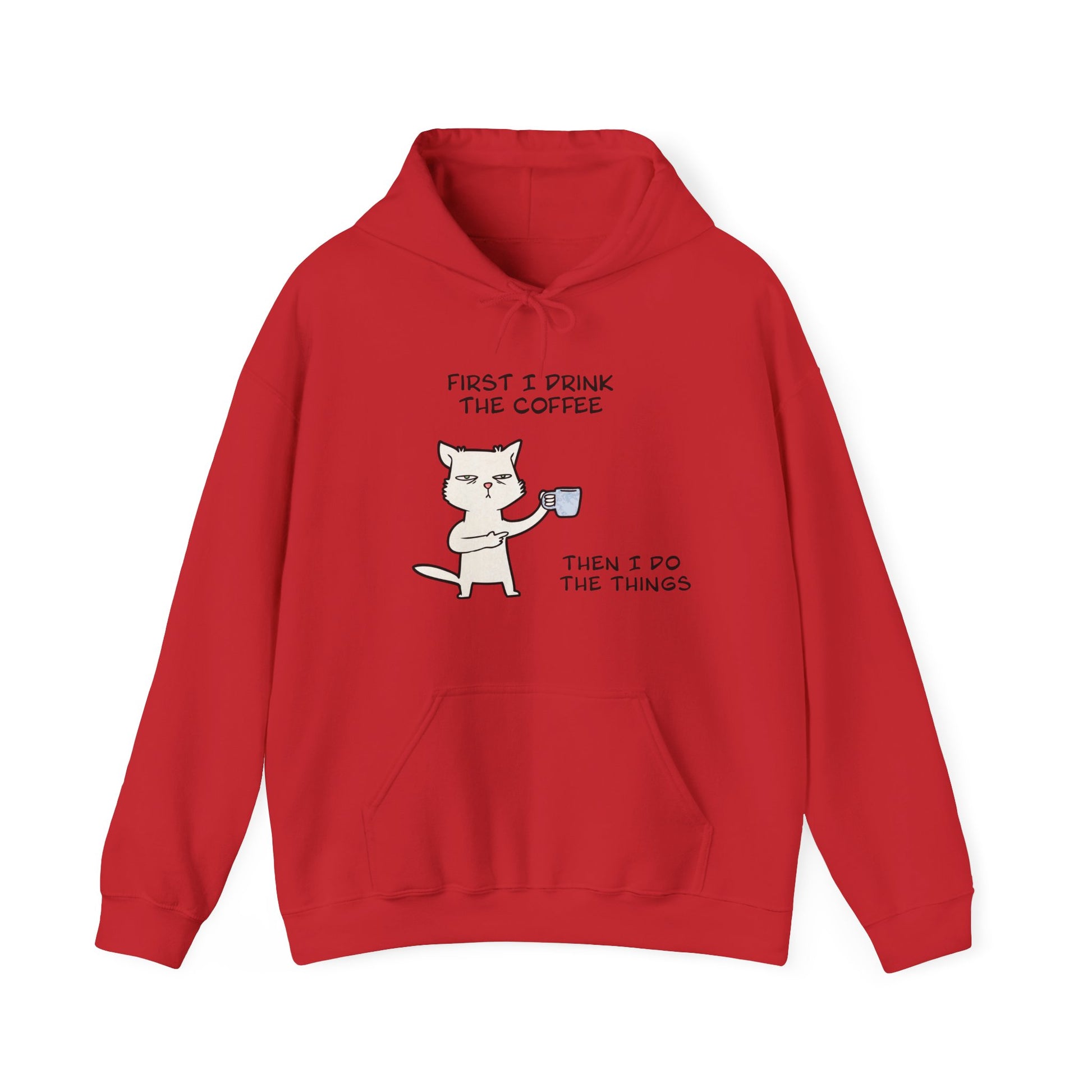 Red but first coffee hoodie with cartoon cat holding coffee mug and humorous text print
