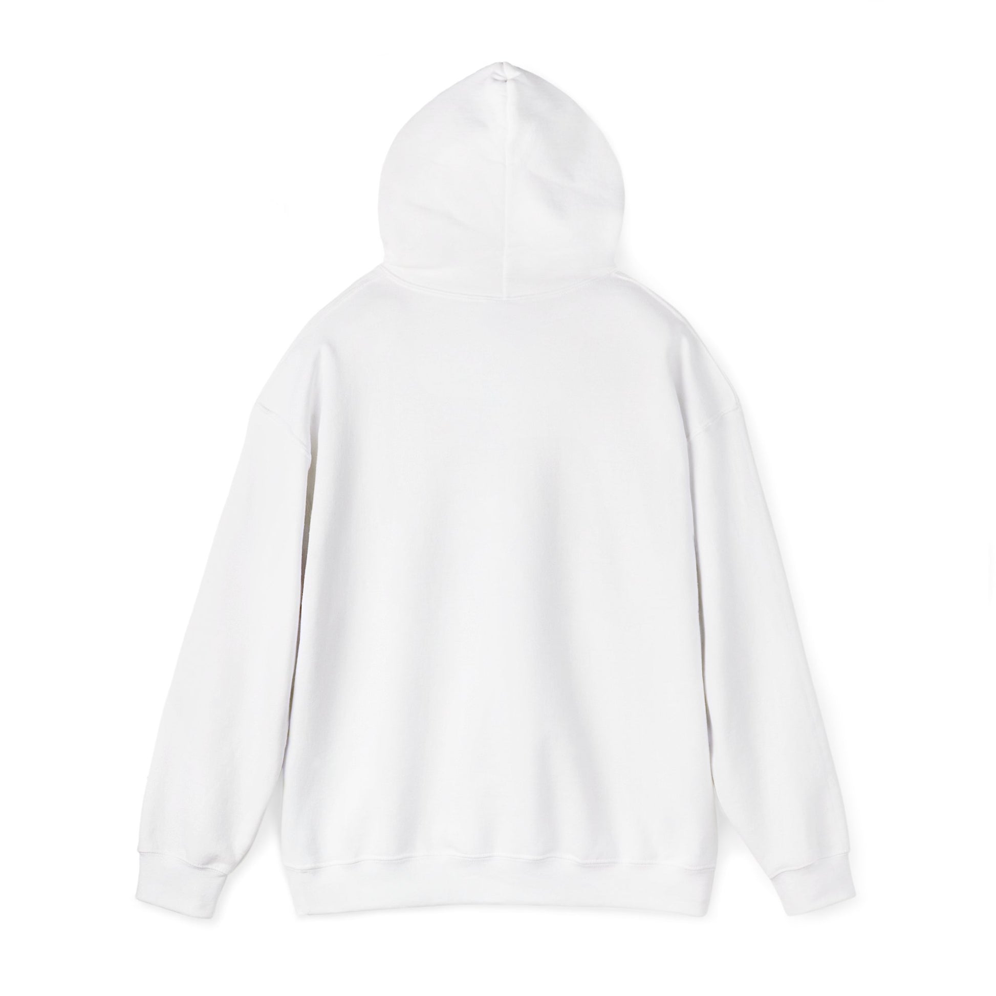 Back view of white Printify but first coffee hoodie with a hood and long sleeves