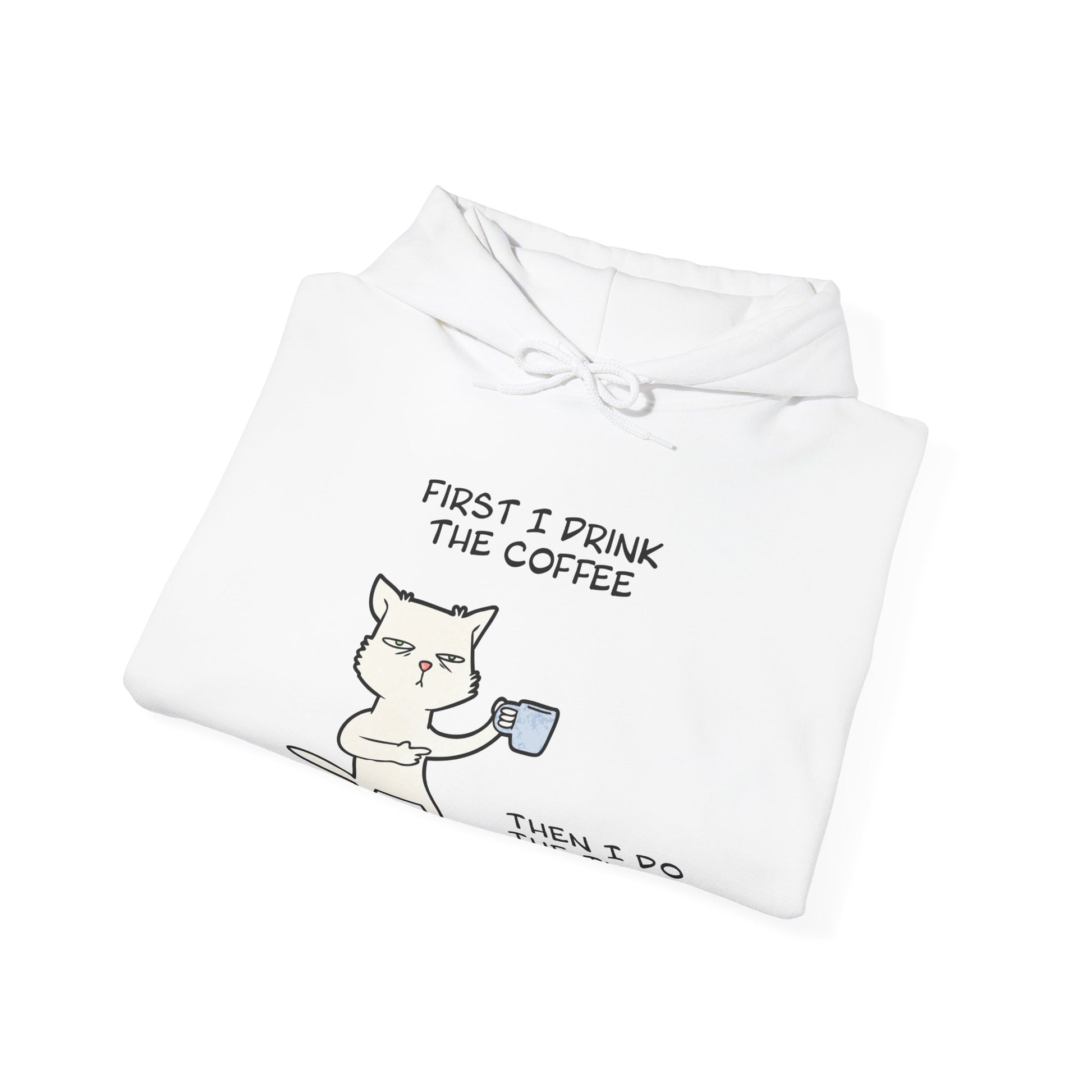 Printify white but first coffee hoodie with cat holding coffee cup and funny text design