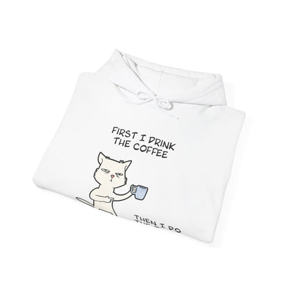 Printify white but first coffee hoodie with cat holding coffee cup and funny text design
