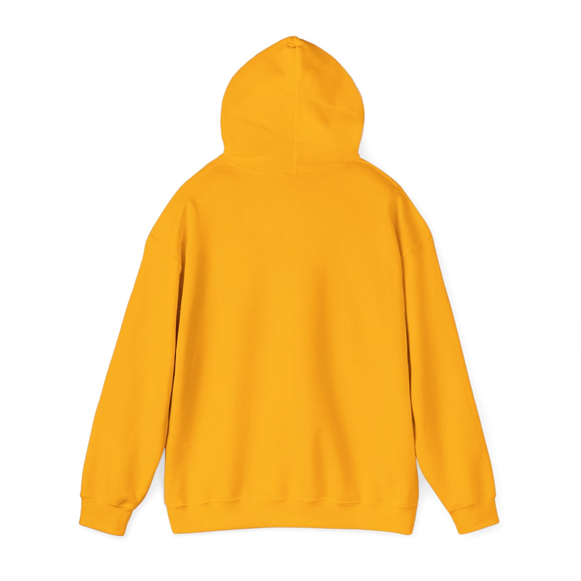 Back view of a yellow but first coffee hoodie by Printify with long sleeves and hood