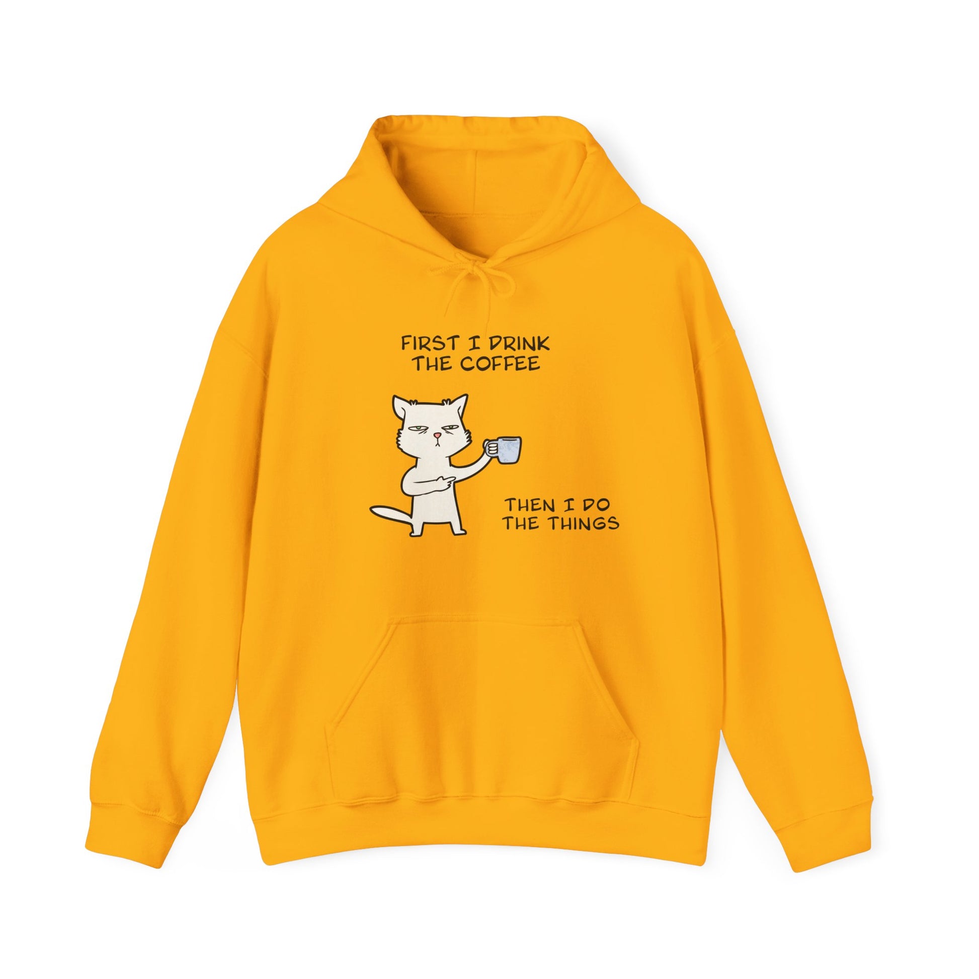 Yellow but first coffee hoodie with a cartoon cat holding coffee and text first I drink the coffee