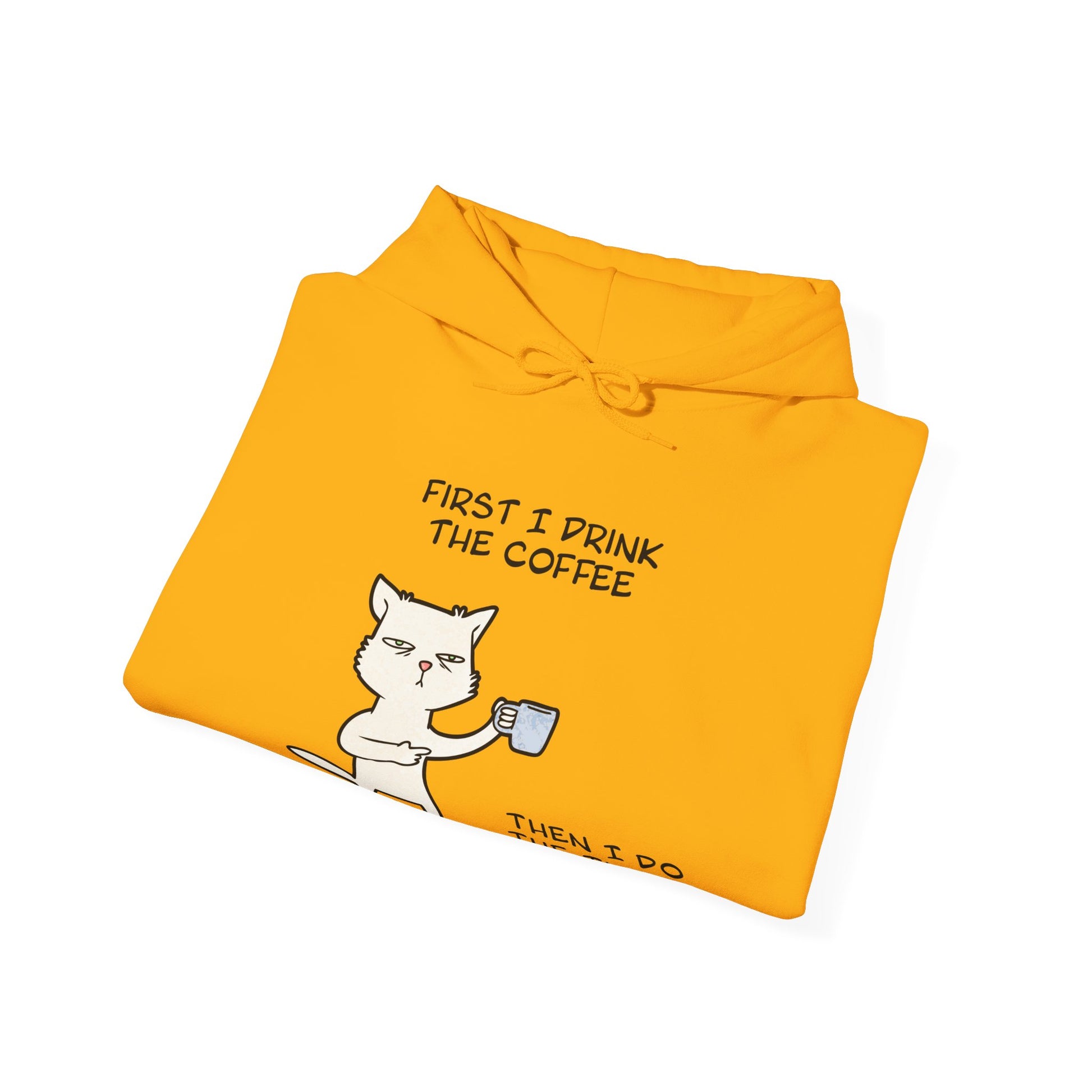 Printify but first coffee hoodie in yellow with cat graphic and coffee cup illustration