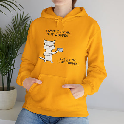 Printify yellow but first coffee hoodie with cat illustration and coffee quote