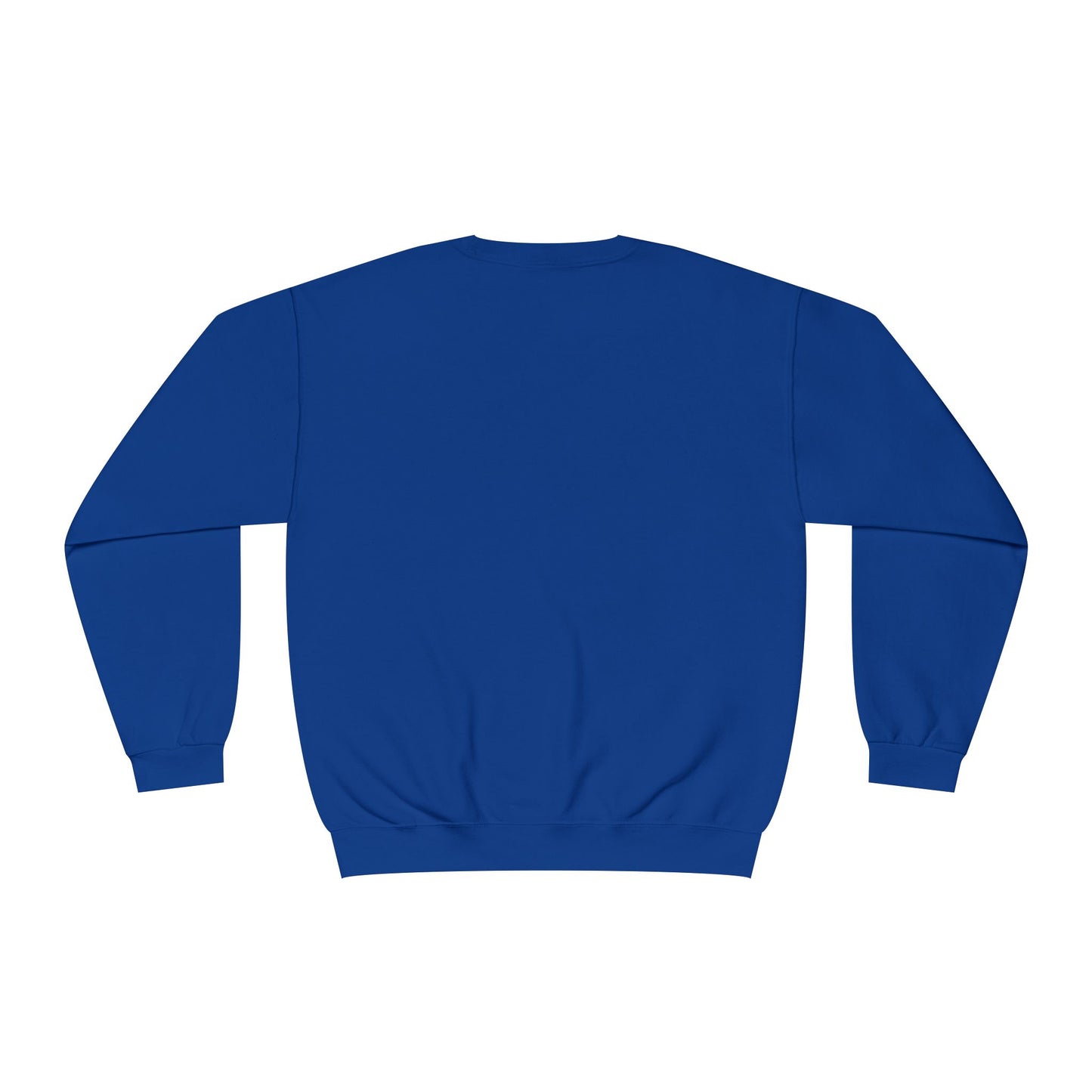 Plain blue sweatshirt back view ideal for customizing as a but first coffee sweatshirt by Printify