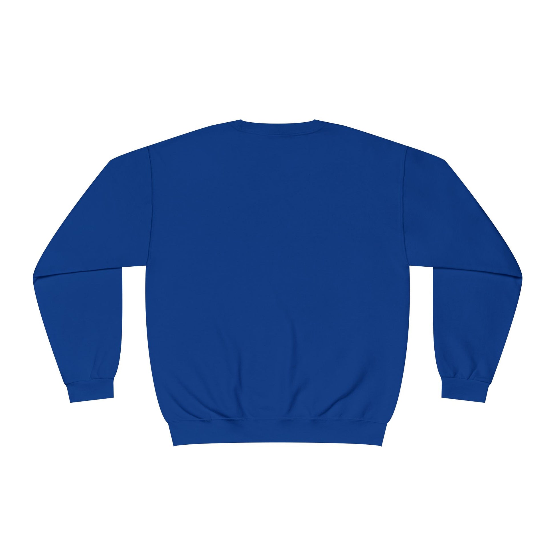 Plain blue sweatshirt back view ideal for customizing as a but first coffee sweatshirt by Printify