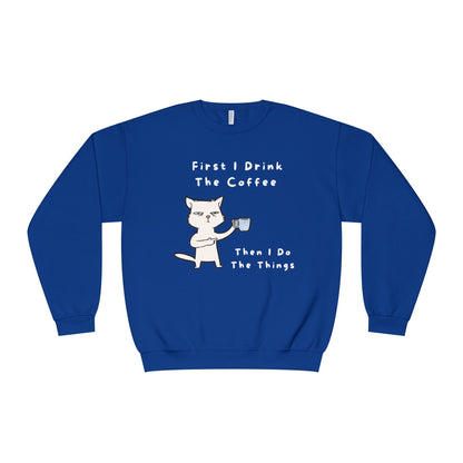 Blue but first coffee sweatshirt featuring a cat holding a coffee cup with humorous text