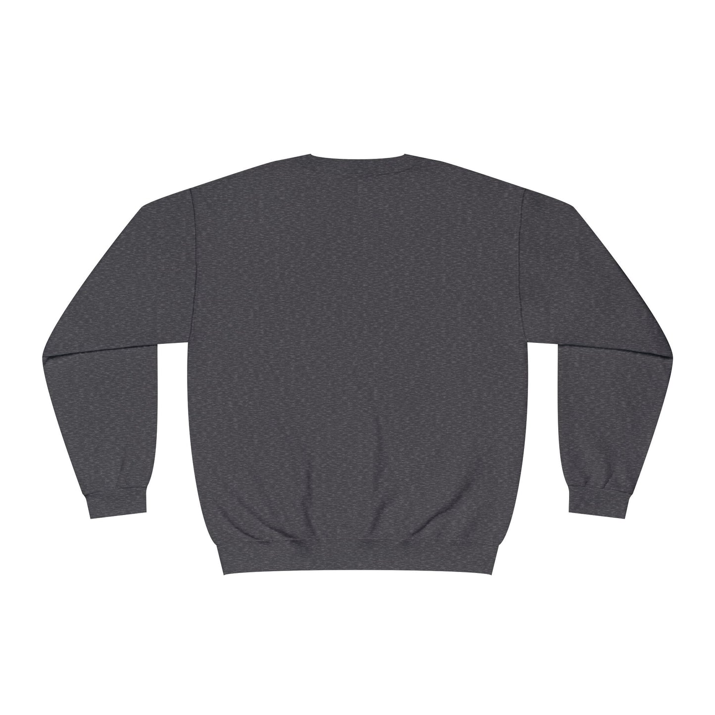Back view of charcoal Printify but first coffee sweatshirt with long sleeves and ribbed cuffs